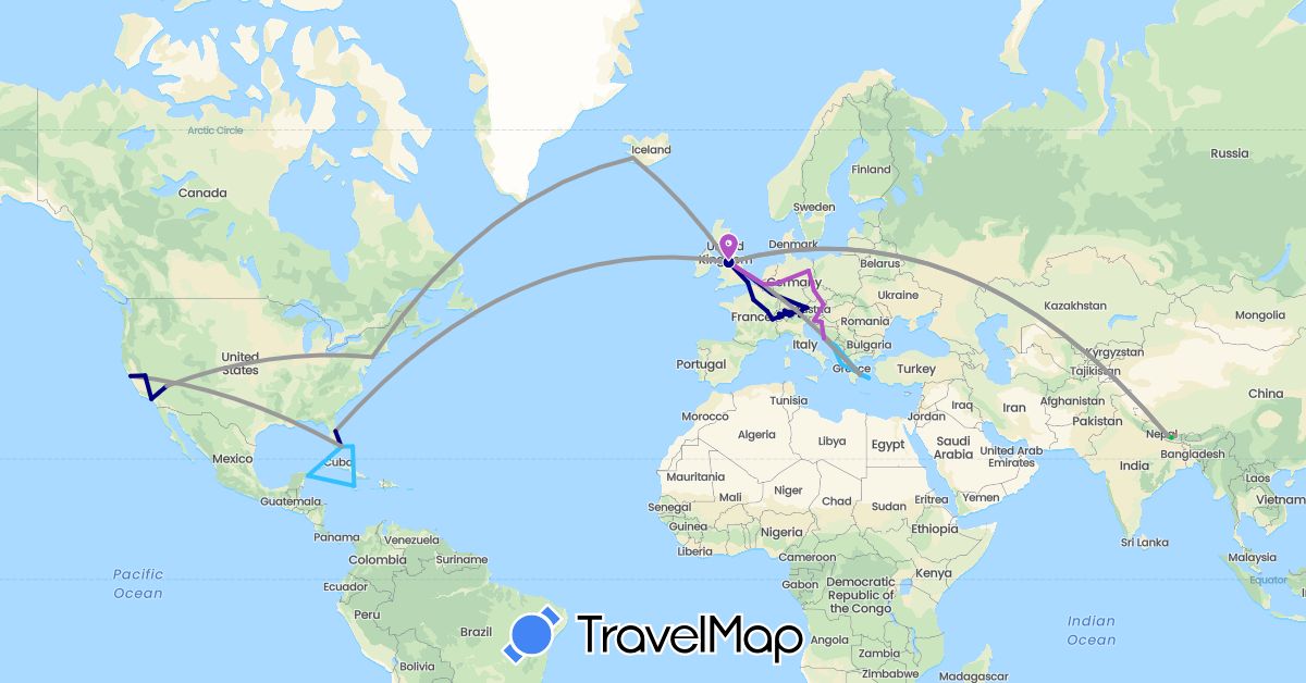 TravelMap itinerary: driving, bus, plane, train, hiking, boat in Austria, Belgium, Bahamas, Switzerland, Czech Republic, Germany, France, United Kingdom, Greece, Croatia, Iceland, Italy, Jamaica, Liechtenstein, Luxembourg, Montenegro, Mexico, Nepal, Slovenia, United States (Asia, Europe, North America)