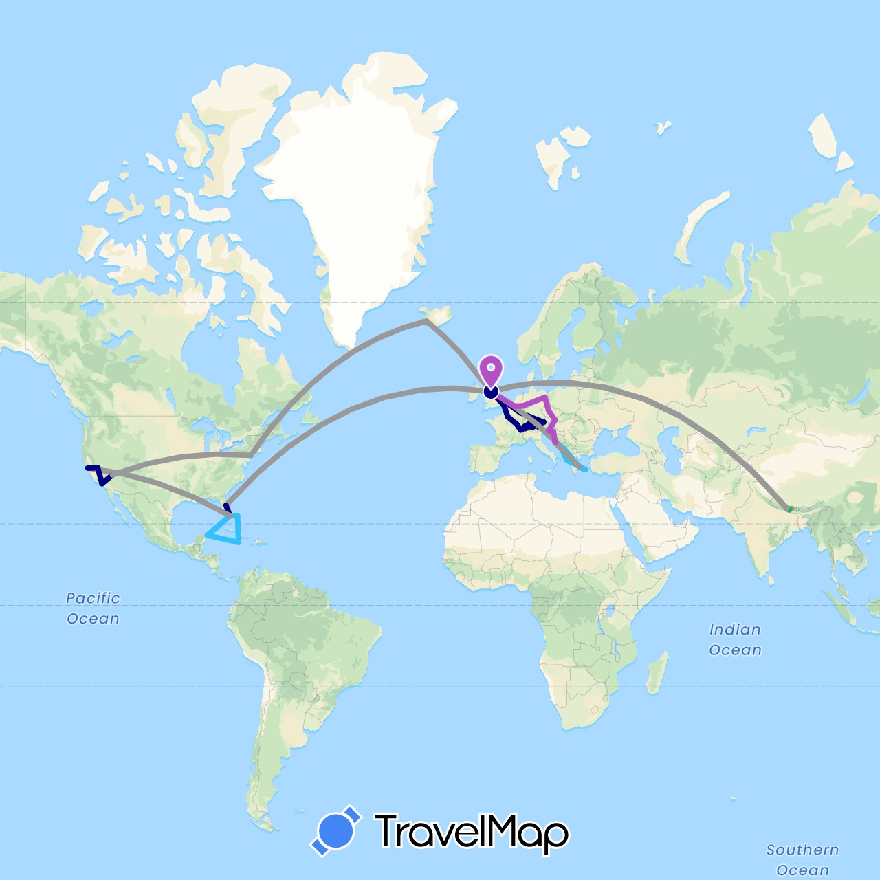TravelMap itinerary: driving, bus, plane, train, hiking, boat in Austria, Belgium, Bahamas, Switzerland, Czech Republic, Germany, France, United Kingdom, Greece, Croatia, Iceland, Italy, Jamaica, Liechtenstein, Luxembourg, Montenegro, Mexico, Nepal, Slovenia, United States (Asia, Europe, North America)