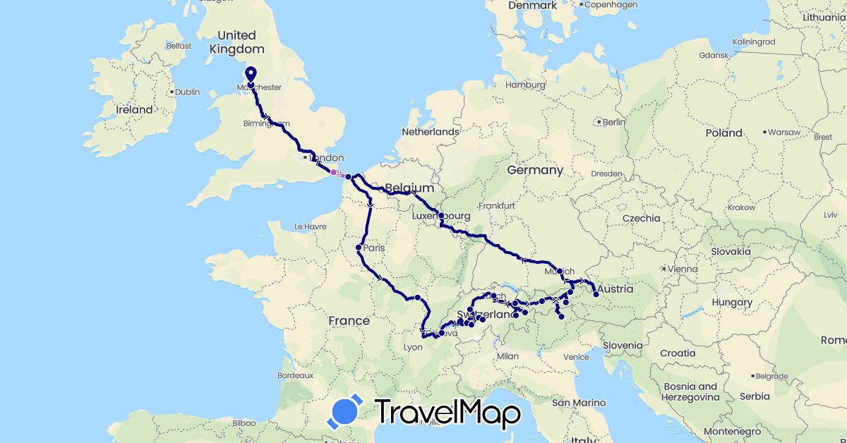 TravelMap itinerary: driving, train in Austria, Switzerland, Germany, France, United Kingdom, Italy, Liechtenstein, Luxembourg (Europe)