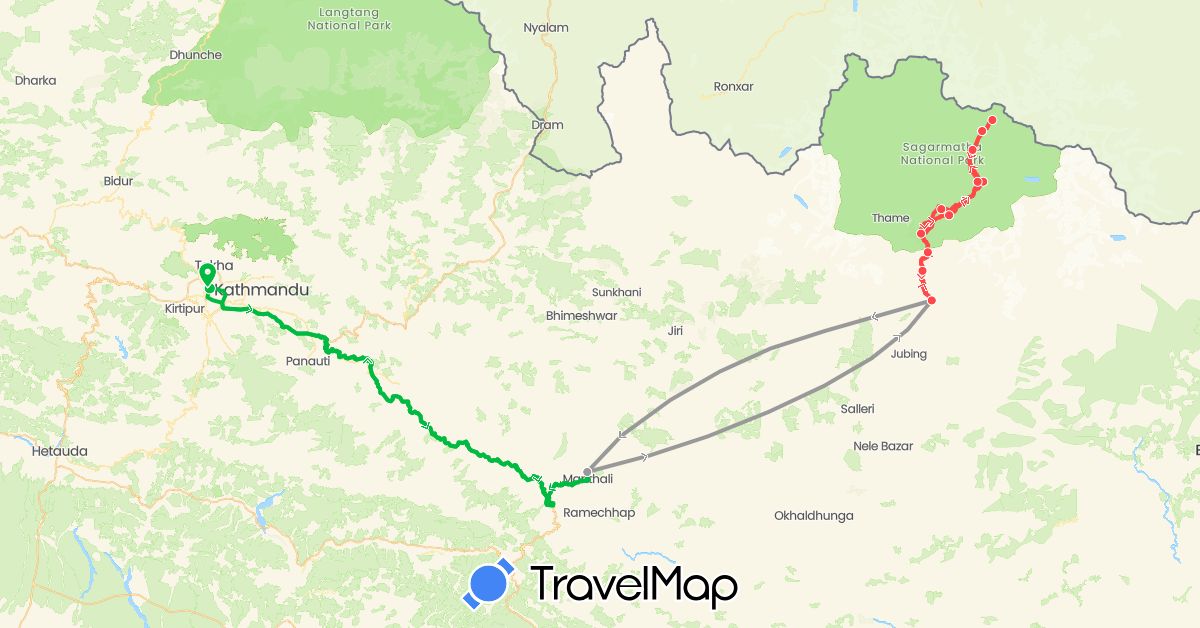 TravelMap itinerary: driving, bus, plane, hiking in Nepal (Asia)