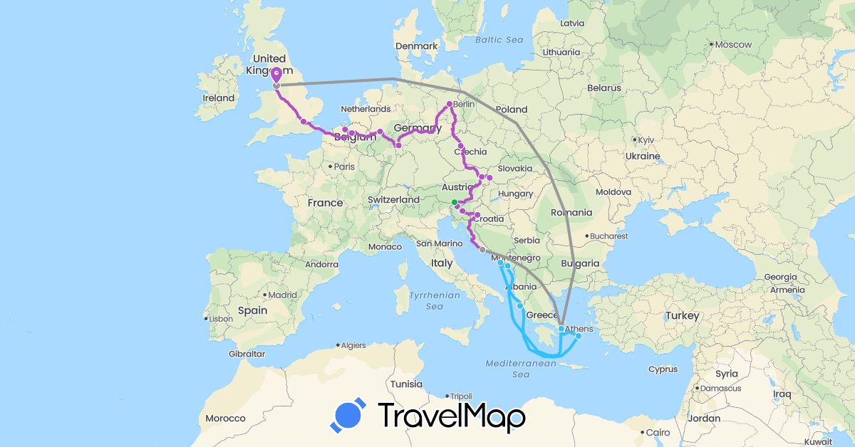 TravelMap itinerary: driving, bus, plane, train, boat in Austria, Belgium, Czech Republic, Germany, United Kingdom, Greece, Croatia, Montenegro, Slovenia, Slovakia (Europe)