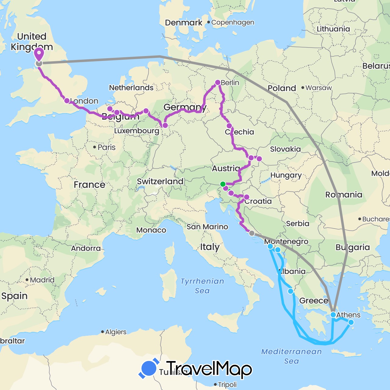 TravelMap itinerary: driving, bus, plane, train, boat in Austria, Belgium, Czech Republic, Germany, United Kingdom, Greece, Croatia, Montenegro, Slovenia, Slovakia (Europe)