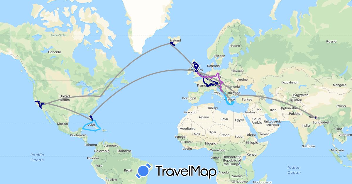 TravelMap itinerary: driving, bus, plane, cycling, train, hiking, boat in Austria, Belgium, Bahamas, Switzerland, Czech Republic, Germany, France, United Kingdom, Greece, Croatia, Iceland, Italy, Jamaica, Liechtenstein, Luxembourg, Montenegro, Mexico, Nepal, Slovenia, Slovakia, Turkey, United States (Asia, Europe, North America)