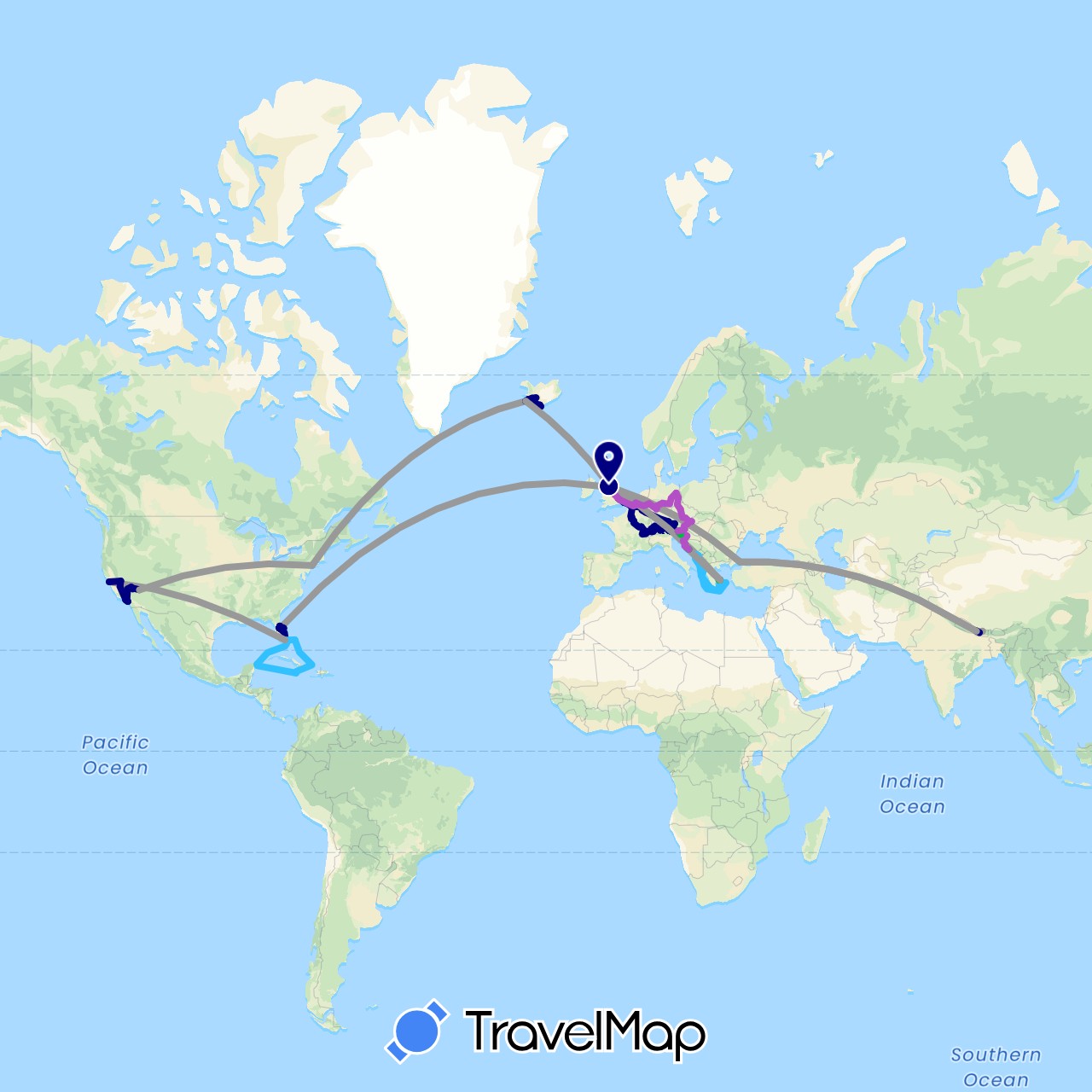 TravelMap itinerary: driving, bus, plane, cycling, train, hiking, boat in Austria, Belgium, Bahamas, Switzerland, Czech Republic, Germany, France, United Kingdom, Greece, Croatia, Iceland, Italy, Jamaica, Liechtenstein, Luxembourg, Montenegro, Mexico, Nepal, Slovenia, Slovakia, Turkey, United States (Asia, Europe, North America)
